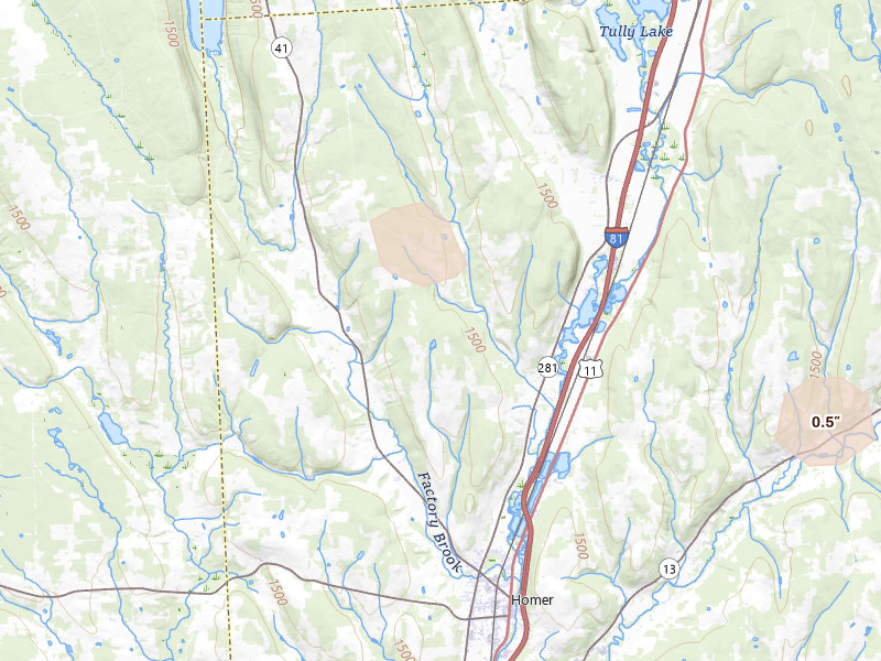 Radar-estimated hail-size map of the storm over Homer, NY on Jul 4, 2026