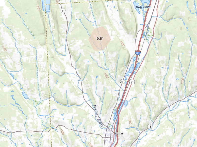 Radar-estimated hail-size map of the storm over Homer, NY on Jul 9, 2026