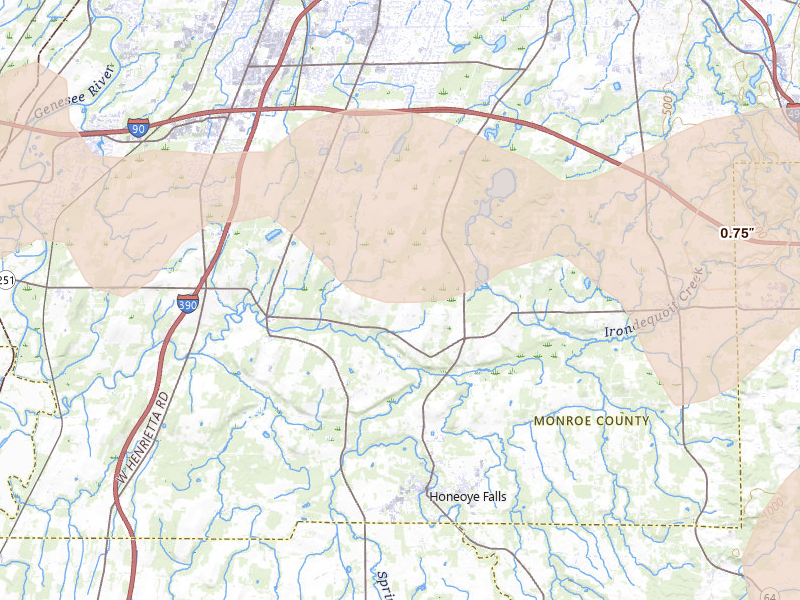 Radar-estimated hail-size map of the storm over Honeoye Falls, NY on Jul 18, 2026