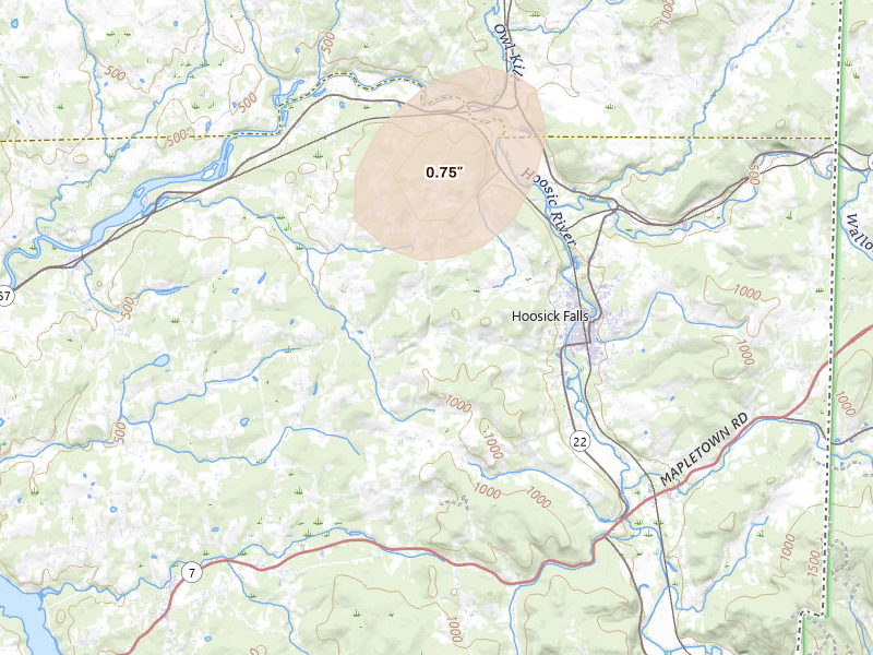 Radar-estimated hail-size map of the storm over Hoosick Falls, NY on Jul 28, 2026