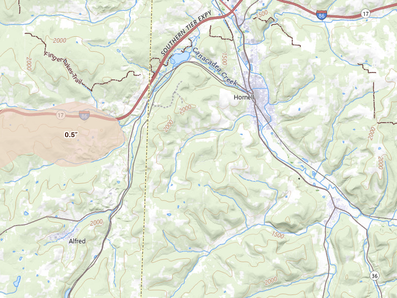 Radar-estimated hail-size map of the storm over Hornell, NY on Jul 3, 2026