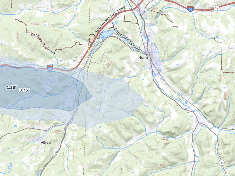 NEXRAD radar-signature map of the hail storm over Hornell, NY on Jul 3, 2026