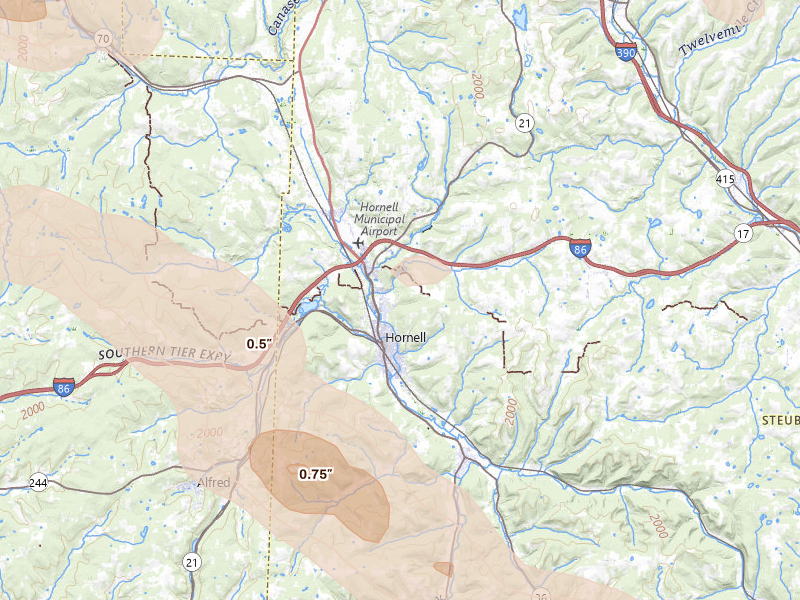 Radar-estimated hail-size map of the storm over Hornell, NY on Sep 2, 2026