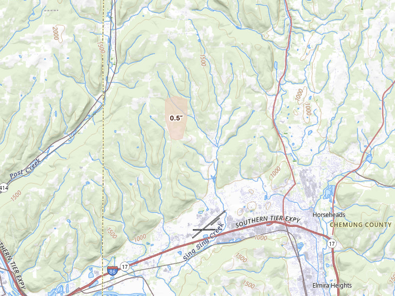 Radar-estimated hail-size map of the storm over Horseheads, NY on May 5, 2026