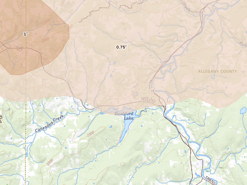 Radar-estimated hail-size map of the storm over Houghton, NY on Sep 2, 2026