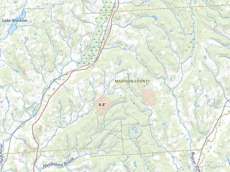 Radar-estimated hail-size map of the storm over Hubbardsville, NY on Aug 27, 2026