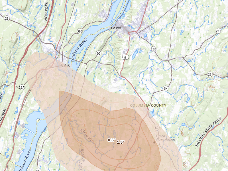 Radar-estimated hail-size map of the storm over Hudson, NY on Jun 11, 2026