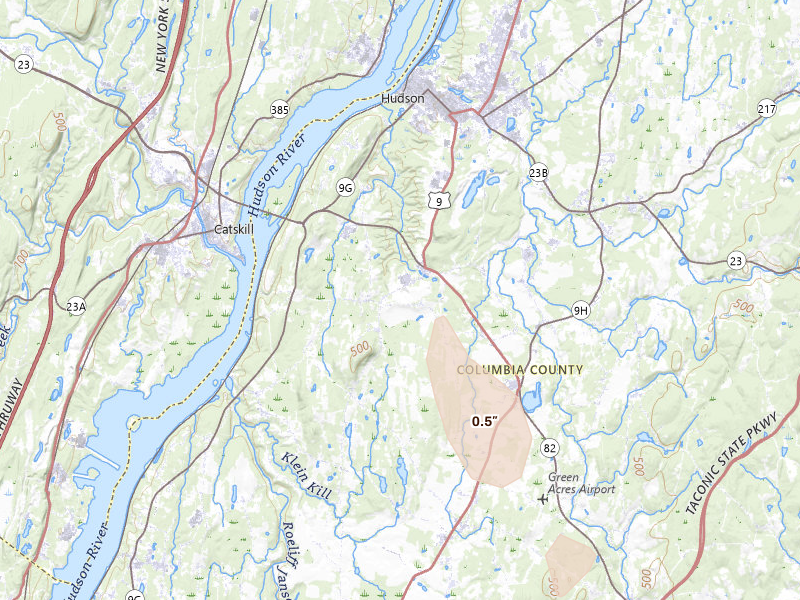 Radar-estimated hail-size map of the storm over Hudson, NY on Jun 30, 2026