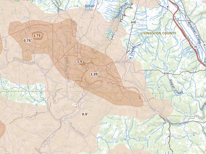 Radar-estimated hail-size map of the storm over Hunt, NY on Sep 2, 2026