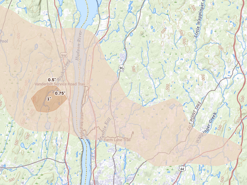 Radar-estimated hail-size map of the storm over Hyde Park, NY on Jun 6, 2026