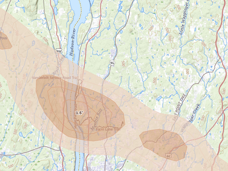 Radar-estimated hail-size map of the storm over Hyde Park, NY on Jul 4, 2026