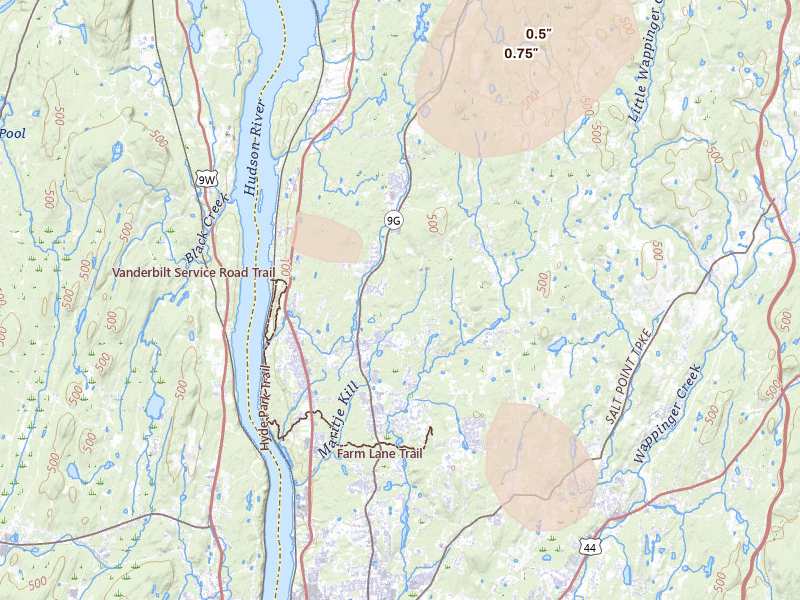 Radar-estimated hail-size map of the storm over Hyde Park, NY on Jul 27, 2026