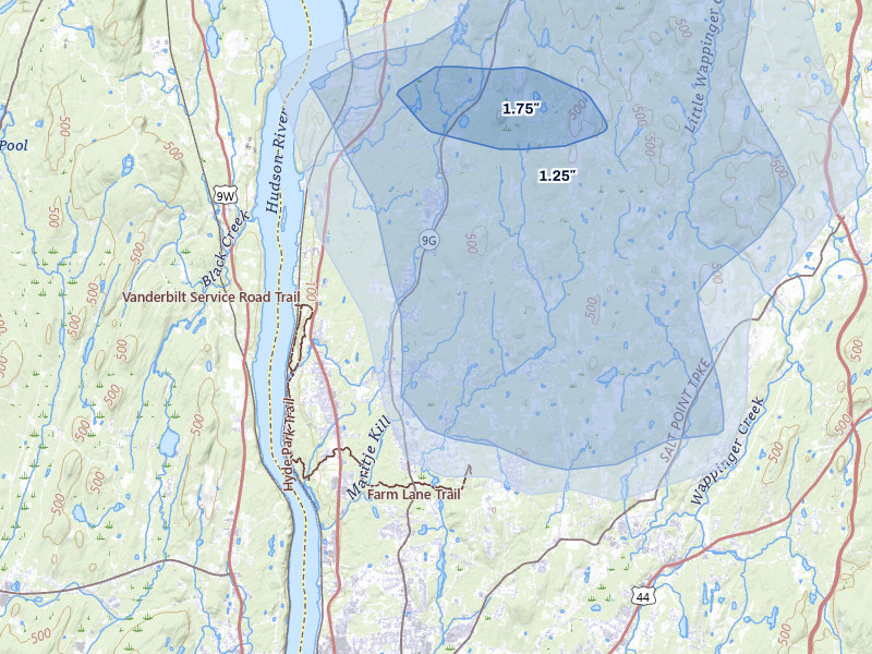 NEXRAD radar-signature map of the hail storm over Hyde Park, NY on Jul 27, 2026