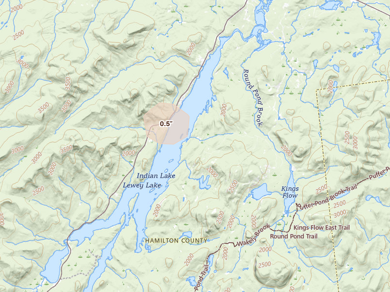 Radar-estimated hail-size map of the storm over Indian Lake, NY on Aug 14, 2026