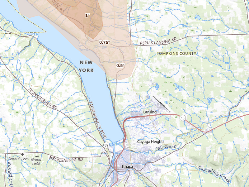 Radar-estimated hail-size map of the storm over Ithaca, NY on Jun 30, 2026