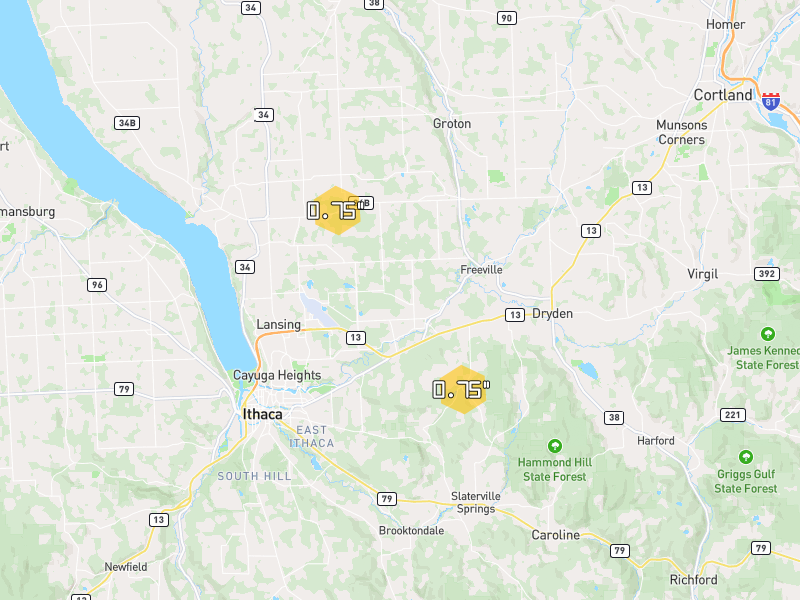 Hail map of Ithaca, NY on Jul 1, 2026, hail up to 0.75"