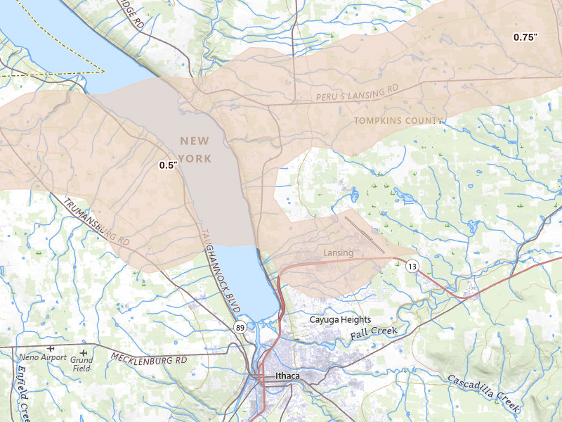 Radar-estimated hail-size map of the storm over Ithaca, NY on Aug 27, 2026