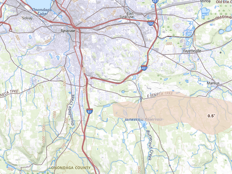Radar-estimated hail-size map of the storm over Jamesville, NY on Jul 3, 2026