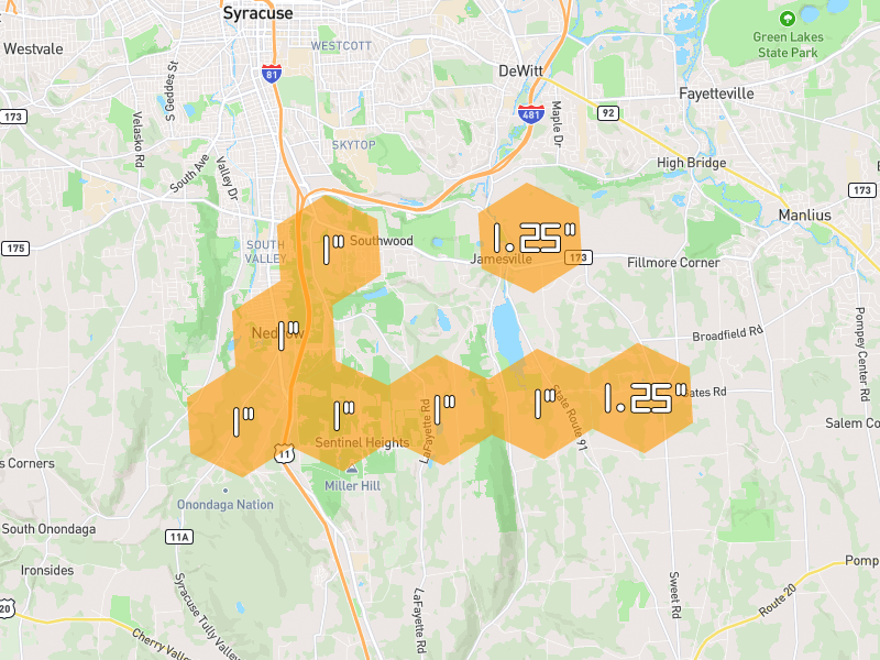 Hail map of Jamesville, NY on Jul 3, 2026, hail up to 1.25"