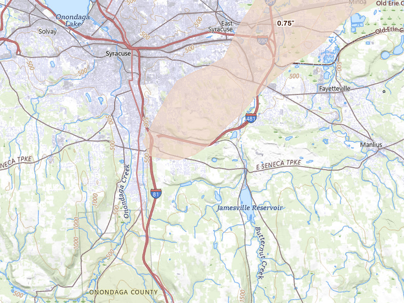 Radar-estimated hail-size map of the storm over Jamesville, NY on Aug 27, 2026