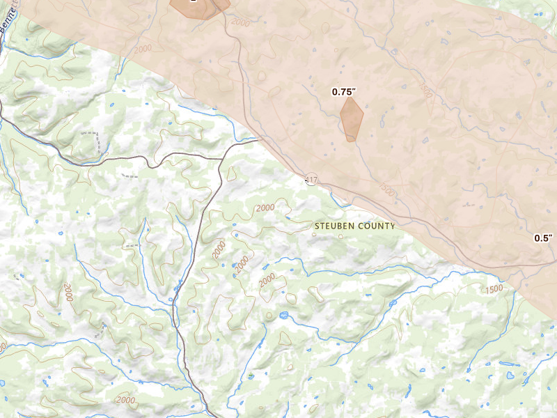Radar-estimated hail-size map of the storm over Jasper, NY on Sep 2, 2026