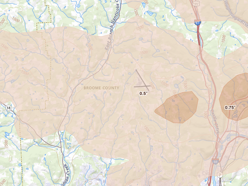 Radar-estimated hail-size map of the storm over Johnson City, NY on Mar 31, 2026