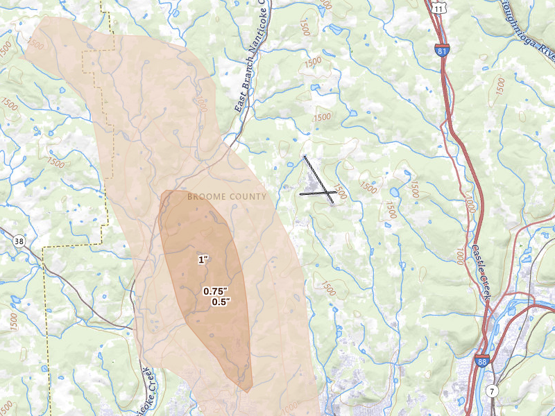 Radar-estimated hail-size map of the storm over Johnson City, NY on Jun 30, 2026