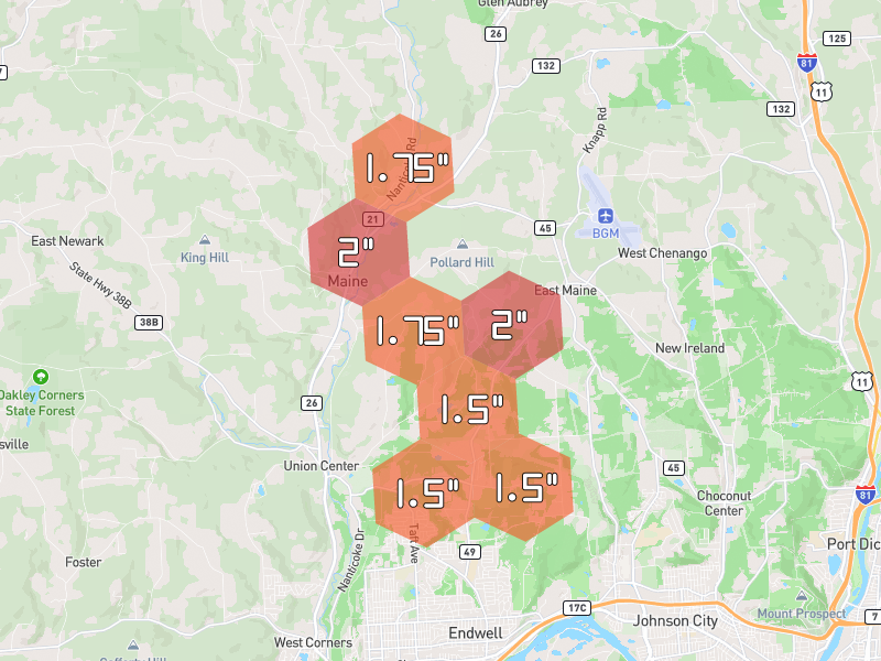 Hail map of Johnson City, NY on Jun 30, 2026, hail up to 2"