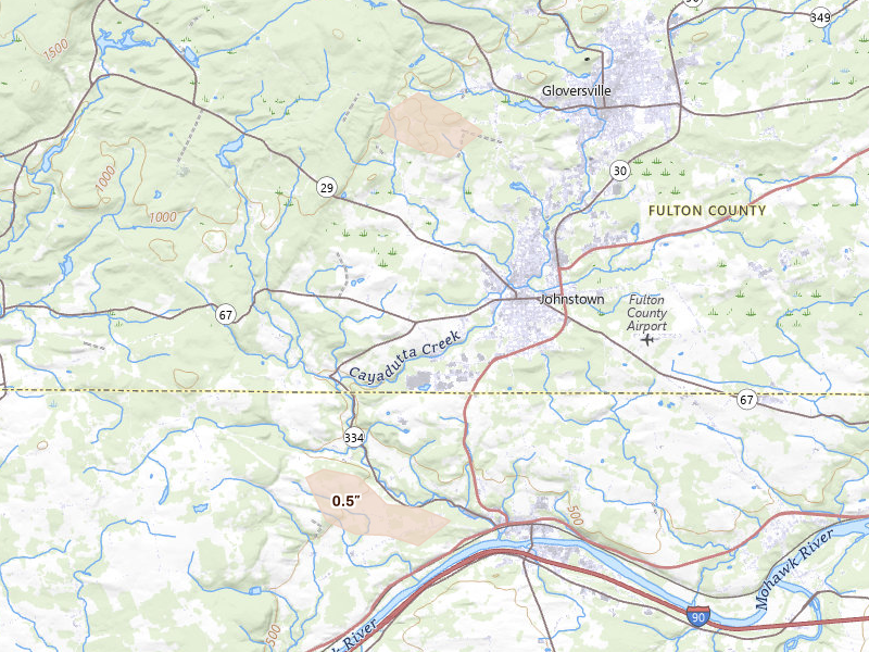 Radar-estimated hail-size map of the storm over Johnstown, NY on Jun 30, 2026
