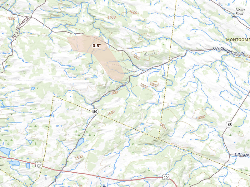 Radar-estimated hail-size map of the storm over Jordanville, NY on Jul 1, 2026
