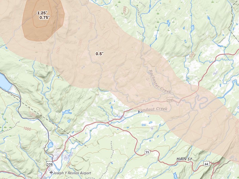 Radar-estimated hail-size map of the storm over Kerhonkson, NY on Jul 4, 2026