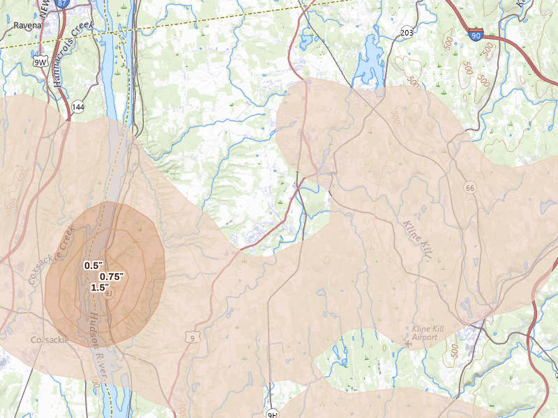 Radar-estimated hail-size map of the storm over Kinderhook, NY on Jul 2, 2026