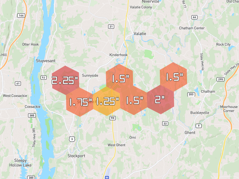 Hail map of Kinderhook, NY on Jul 3, 2026, hail up to 2.25"