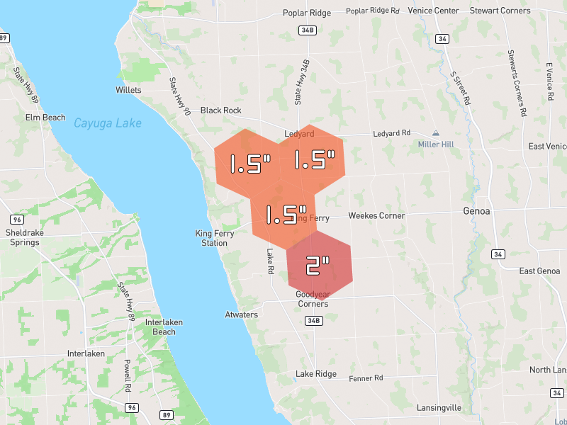Hail map of King Ferry, NY on Jun 30, 2026, hail up to 2"