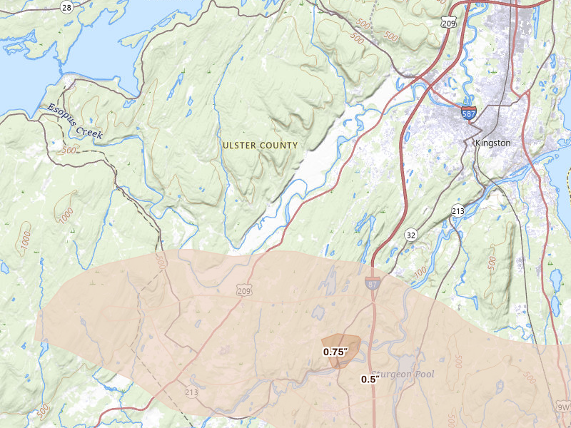 Radar-estimated hail-size map of the storm over Kingston, NY on Jun 6, 2026