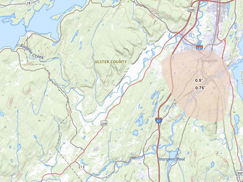 Radar-estimated hail-size map of the storm over Kingston, NY on Jul 1, 2026