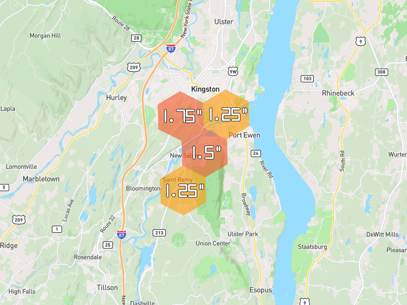 Hail map of Kingston, NY on Jul 1, 2026, hail up to 1.75"