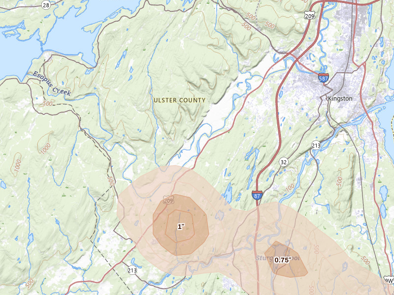 Radar-estimated hail-size map of the storm over Kingston, NY on Jul 4, 2026