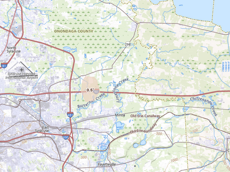 Radar-estimated hail-size map of the storm over Kirkville, NY on Jul 26, 2026