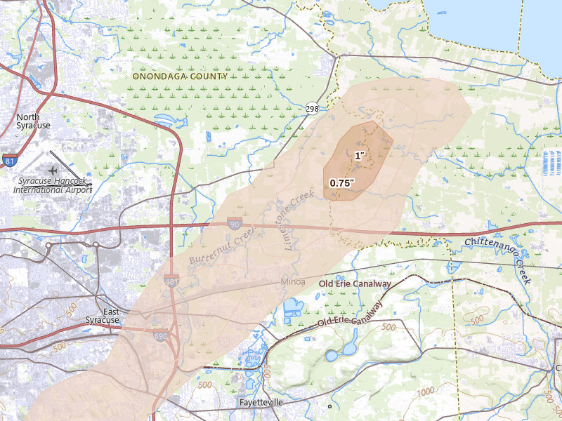 Radar-estimated hail-size map of the storm over Kirkville, NY on Aug 27, 2026