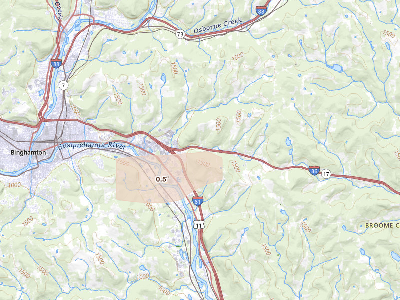 Radar-estimated hail-size map of the storm over Kirkwood, NY on Feb 2, 2026