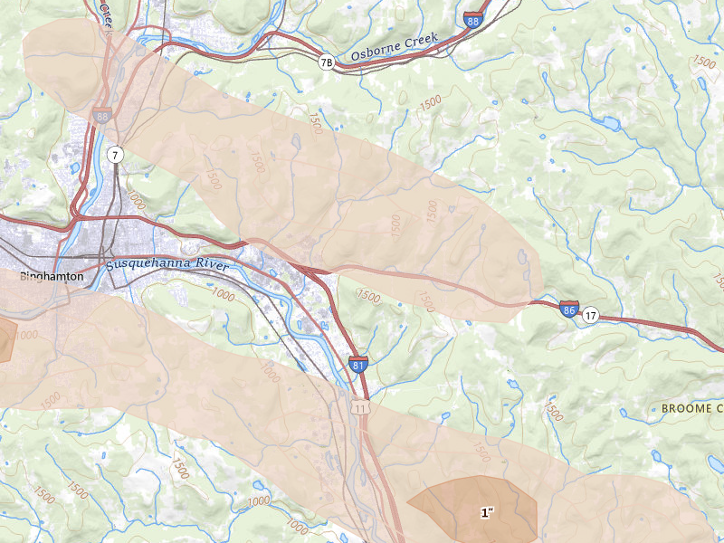 Radar-estimated hail-size map of the storm over Kirkwood, NY on Aug 12, 2026