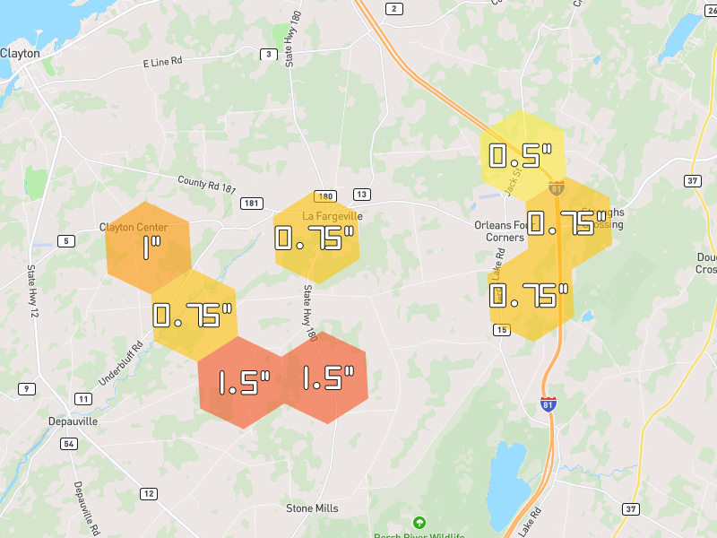 Hail map of La Fargeville, NY on Jul 2, 2026, hail up to 1.5"