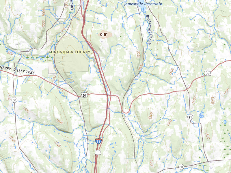 Radar-estimated hail-size map of the storm over La Fayette, NY on Jul 26, 2026