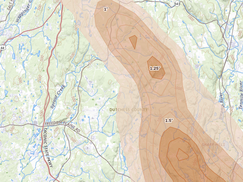 Radar-estimated hail-size map of the storm over Lagrangeville, NY on Jun 11, 2026