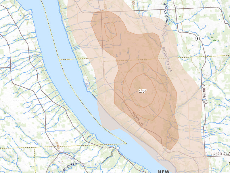 Radar-estimated hail-size map of the storm over Lansing, NY on Jun 30, 2026