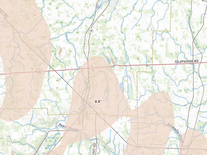 Radar-estimated hail-size map of the storm over Le Roy, NY on Sep 2, 2026