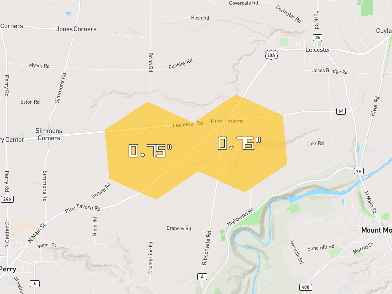 Hail map of Leicester, NY on Jul 21, 2026, hail up to 0.75"