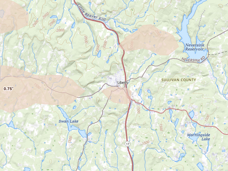Radar-estimated hail-size map of the storm over Liberty, NY on Jun 6, 2026