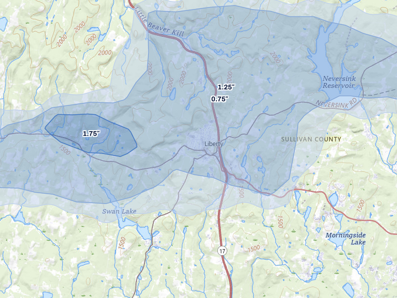 NEXRAD radar-signature map of the hail storm over Liberty, NY on Jun 6, 2026